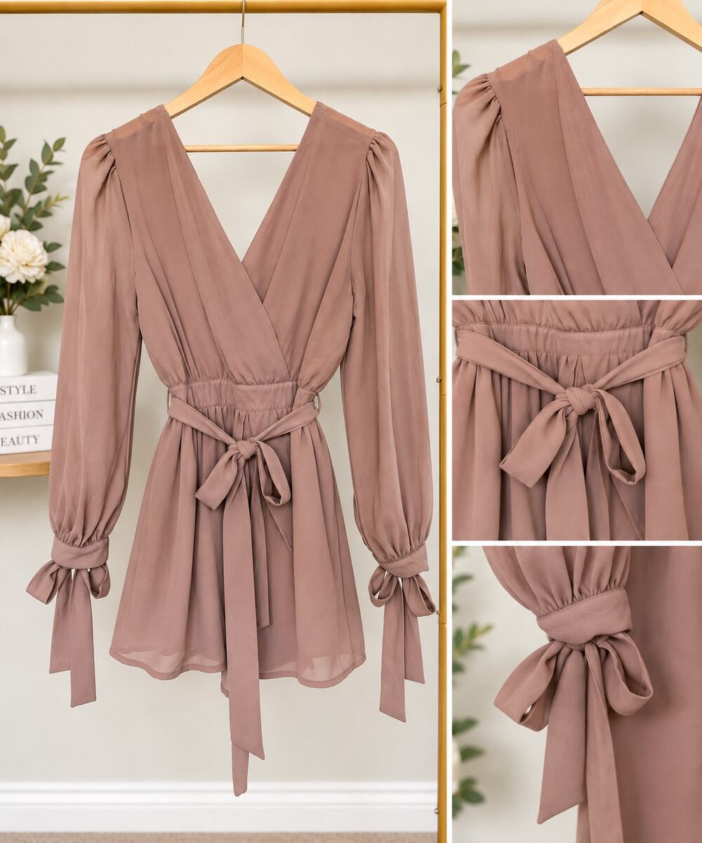 Dusty Rose Chiffon Wrap Romper Long Sleeve Tie Waist Size Small